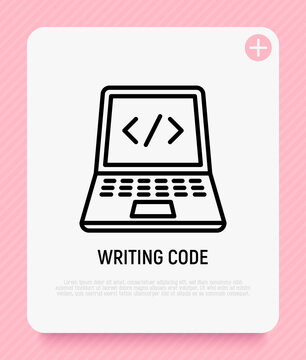 Writing code thin line icon, open laptop with code. Web development, programming. Modern vector illustration.