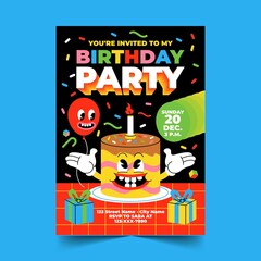 hand drawn flat trendy cartoon birthday invitation vector design illustration