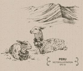 Rainbow mountains and Llamas, Peru, Hand drawn vector illustration