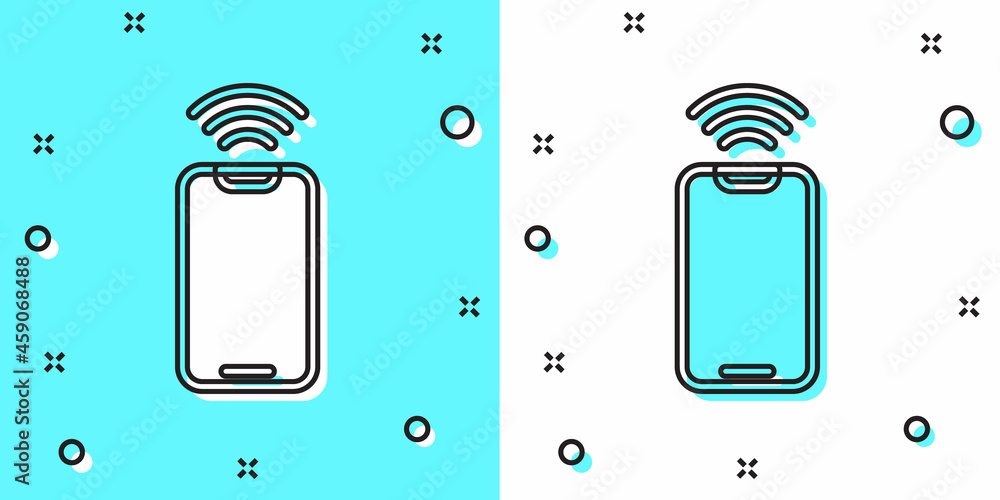 Poster Black line Smartphone with free wi-fi wireless connection icon isolated on green and white background. Wireless technology, wi-fi connection, wireless network. Random dynamic shapes. Vector
