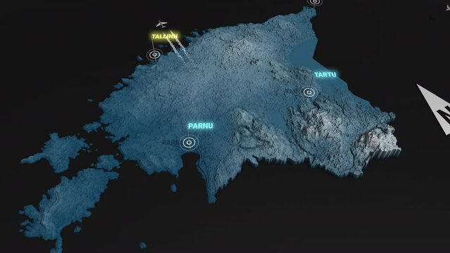 Seamless looping animation of the 3d terrain map at nighttime of Estonia with the capital and the biggest cites in 4K resolution