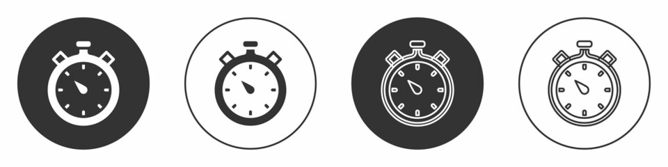 Black Stopwatch icon isolated on white background. Time timer sign. Chronometer sign. Circle button. Vector