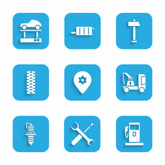 Set Location with car service, Screwdriver and wrench spanner, Petrol or Gas station, Tow truck, Car spark plug, tire wheel, Hammer and Repair lift icon. Vector