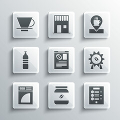 Set Coffee jar bottle, menu, Medal for coffee, Newspaper and, filter, Bottle water, V60 maker and Location with cup icon. Vector