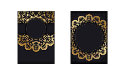 Greeting card in black color with a mandala in gold ornament prepared for printing.