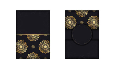 Greeting card in black color with mandala gold ornament for your brand.
