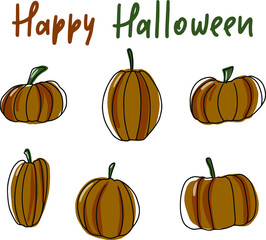 Set of monoline colourful pumpkins with lettering Happy Halloween