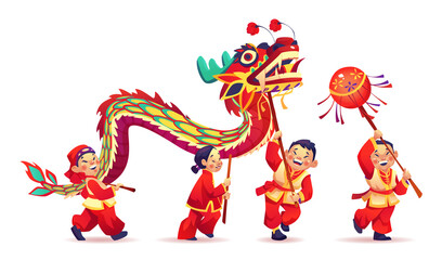 Obraz na płótnie Canvas CNY parade people dance with paper dragon isolated on white. Vector Chinese New Year celebration, people in traditional costumes celebrate national asian festival, performing traditional dance