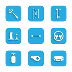 Set Barbell, Whistle, Hockey puck, Steering wheel, Punching bag, Chess, Golf club and Tennis racket icon. Vector