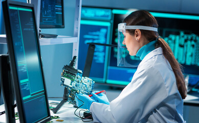 Workplace of young woman in modern microelectronics manufacturing lab. Engineer works in a modern...