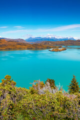 Fototapeta na wymiar View over mountain turquoise lagoon in Torres del Paine National Park at sunny day and blue sky, Patagonia, Chile, details