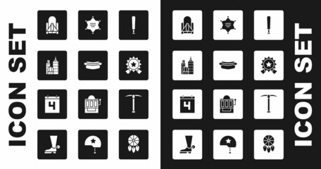 Set Baseball bat, Hotdog sandwich, City landscape, Rocket launch from the spaceport, Medal with star, Hexagram sheriff, Pickaxe and Calendar date July 4 icon. Vector