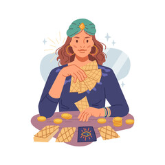 Fortune teller woman guessing on psychic tarot cards isolated flat cartoon character. Vector gypsy lady reading future, fairy with card. Mystery girl fortuneteller, astrology and destiny foresight