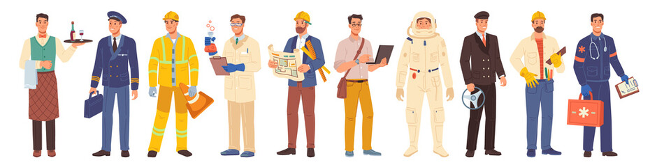 Professions isolated cartoon set. Vector airplane pilot, architect-engineer, repairman and waiter, laboratory assistant scientist, road worker, astronaut and programmer. Driver and ambulance workers