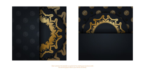 Greeting card in black with abstract gold pattern prepared for typography.