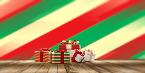 Christmas gifts and wooden floor background 3d-illustration