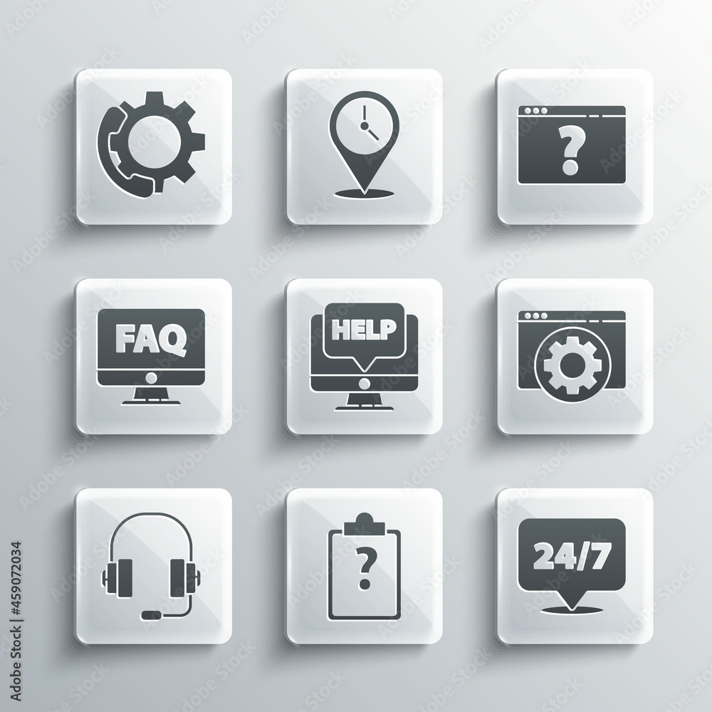 Poster set clipboard with question marks, clock 24 hours, browser setting, computer monitor and help, headp