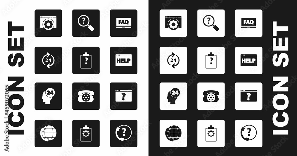 Poster set laptop and faq, clipboard with question marks, telephone 24 hours support, browser setting, help