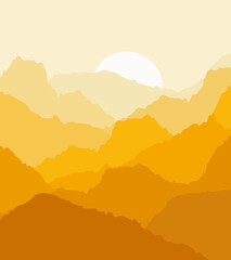 Abstract illustration of colorful mountain sunrise with sun decoration in shades of yellow