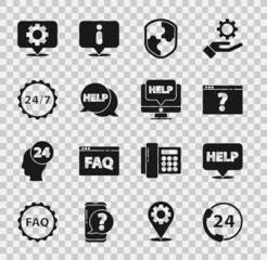 Set Telephone 24 hours support, Speech bubble with text Help, Browser question mark, Shield, Clock, Location gear and Computer monitor and help icon. Vector