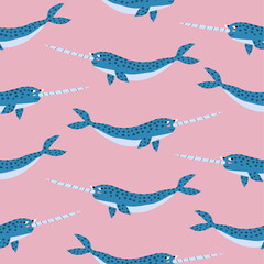 Cute cartoon blue narwhals on a pink background. Wild ocean animals hand drawn vector illustration. Seamless pattern for children. © Елена Радькова