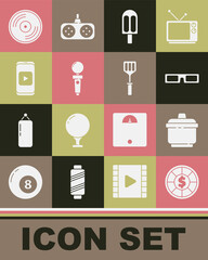 Set Casino chips, Cooking pot, Cinema glasses, Ice cream, Joystick for arcade machine, Online play video, Vinyl disk and Spatula icon. Vector