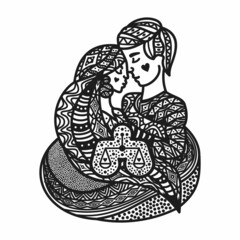 Vector illustration of lovers. Couple, harmonious relationship, family, love hugs. St. Valentine's Day. Ethnic patterns.