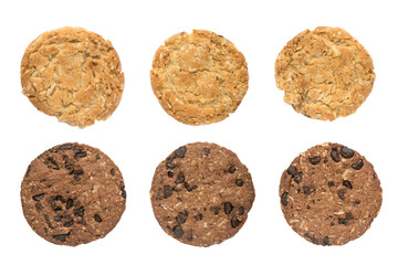 A set of oat biscuits and oat biscuits with dark chocolate isolated on a white background.