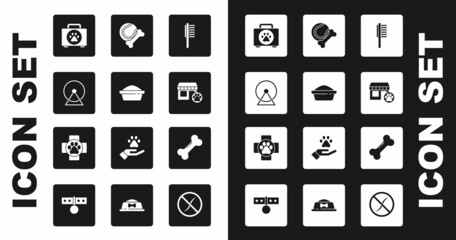 Set Pets vial medical, food bowl, Hamster wheel, first aid kit, Veterinary hospital, toys bone rubber and ball, Dog and clinic icon. Vector