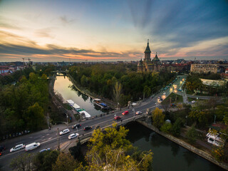 Timisoara Aereal view of the central recreation area. Sunset Skyline of European city. 