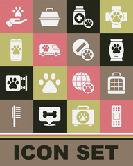 Set Bandage plaster, Pet carry case, Bag of food, Veterinary ambulance, clinic, Hands with animals footprint and Dog pill icon. Vector