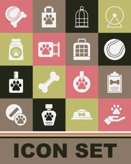 Set Hands with animals footprint, Clinical record pet, Tennis ball, Cage for birds, Veterinary clinic, Bag of food, Pet toys bone rubber and carry case icon. Vector
