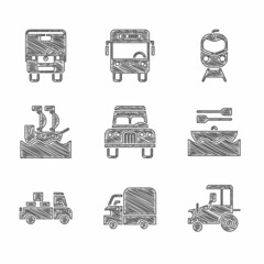 Set Car, Delivery cargo truck, Tractor, Boat with oars, Sailboat, Train and railway and Bus icon. Vector