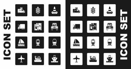 Set Traffic cone, Broken road, Delivery cargo truck, TV News, Car, light, Train and railway and Yacht sailboat icon. Vector