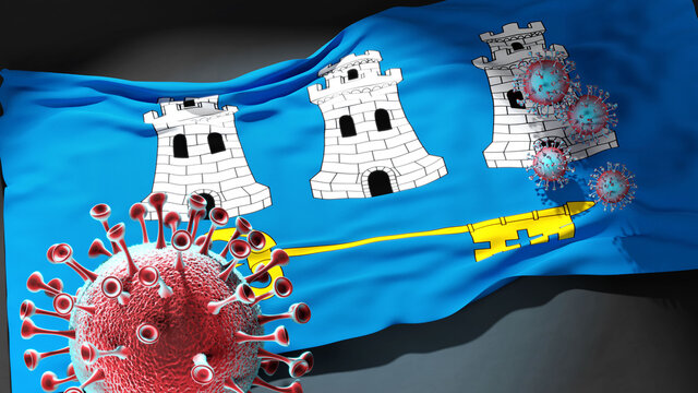 Covid in Havana - coronavirus attacking a city flag of Havana as a symbol of a fight and struggle with the virus pandemic in this city, 3d illustration