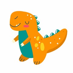 Orange cute tyrannosaurus rex dinosaur in cartoon style. Animal character childrens illustration. Vector illustration isolated on white background.