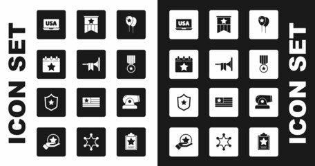 Set Balloons, Trumpet, Calendar with date July 4, USA laptop, Medal star, American flag, Cannon and Police badge icon. Vector