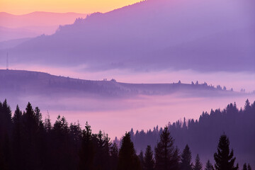 Beautiful autumn sunrise in the mountains. Lilac fog spreads in the lowland against the background of the forest