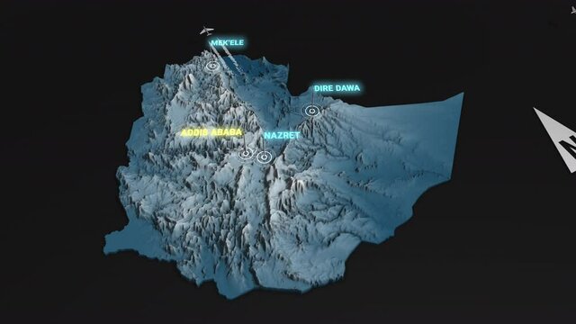 Seamless looping animation of the 3d terrain map at nighttime of Ethiopia with the capital and the biggest cites in 4K resolution