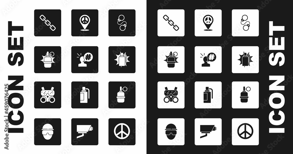 Sticker set handcuffs, protest, grenade, chain link, location peace, and gas mask icon. vector