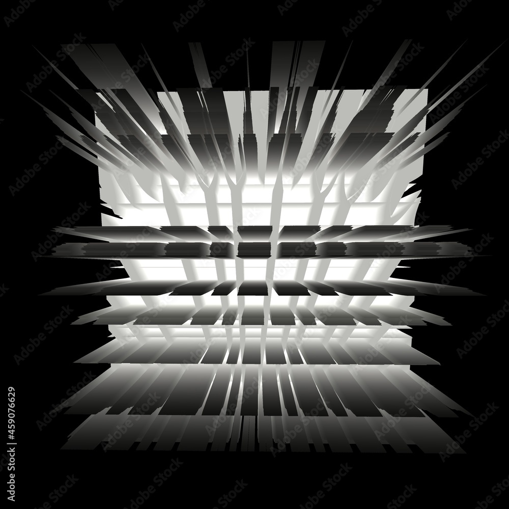 Aufkleber exploding 3d illustration surface view in shades of grey and white geometric design on a black backg