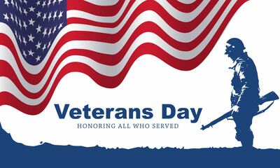 Veteran's day poster.Honoring all who served. Veteran's day illustration with american flag and soldiers