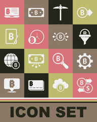 Set Cryptocurrency exchange, coin Bitcoin, Sales funnel with bitcoin, Pickaxe, clock, Mining from tablet, laptop and circuit icon. Vector
