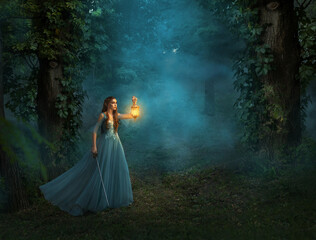 Fantasy elf woman princess warrior with medieval sword holding in hand vintage lamp lantern, warm...