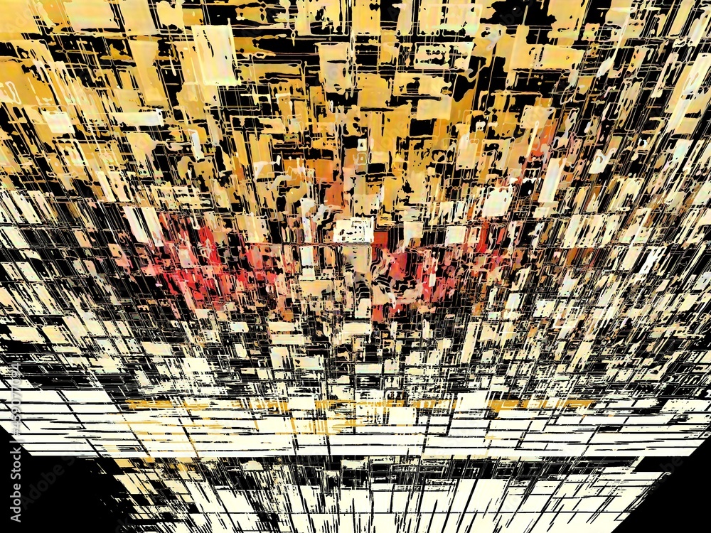 Aufkleber exploding 3d surface view in shades of red and gold geometric design on a black background