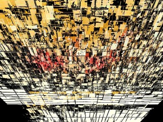 exploding 3D surface view in shades of red and gold geometric design on a black background
