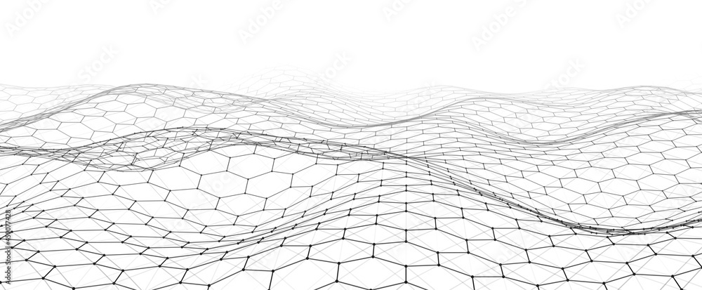 Poster futuristic vector hexagon wave. white cyberspace. abstract wave with dots and line. dark moving part