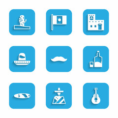 Fototapeta premium Set Mustache, Mexican man sombrero, guitar, Tequila bottle and glass, Cigar, house and Cactus icon. Vector