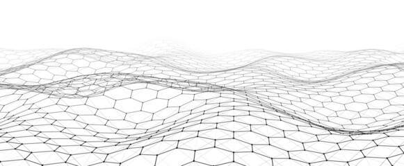 Futuristic vector hexagon wave. White cyberspace. Abstract wave with dots and line. Dark moving particles on background.