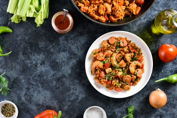 Creole jambalaya with chicken, smoked sausages and vegetables